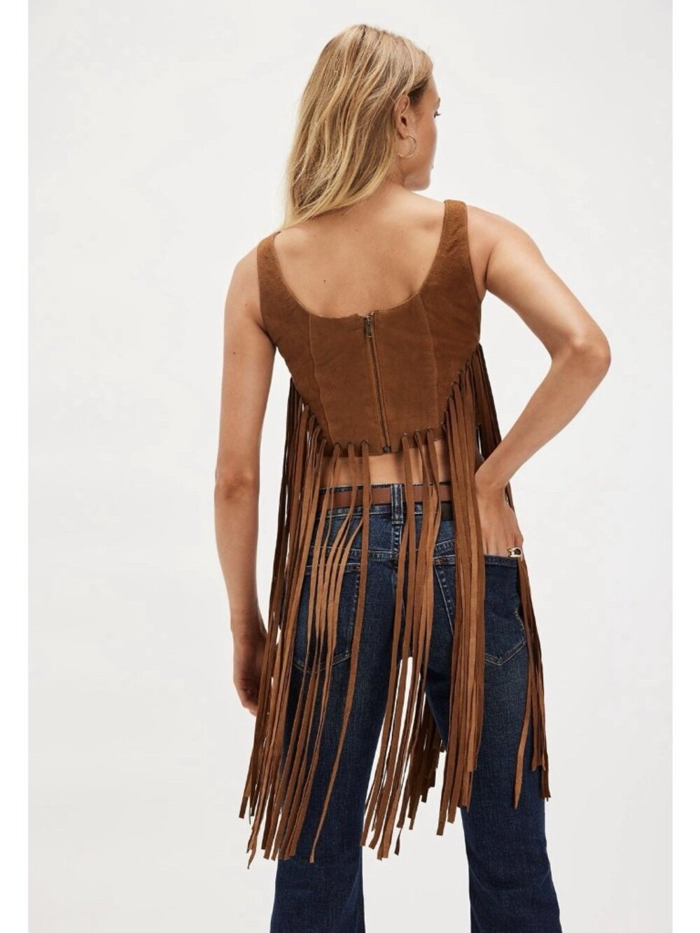 Free People Leather Fringe Tank Top Brown Goat Suede Western Boho Size M NWT - Picture 2 of 13